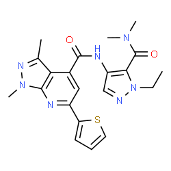 ChemSpider 2D Image | N-[5-(Dimethylcarbamoyl)-1-ethyl-1H-pyrazol-4-yl]-1,3-dimethyl-6-(2-thienyl)-1H-pyrazolo[3,4-b]pyridine-4-carboxamide | C21H23N7O2S