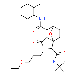 ChemSpider 2D Image | 3-(3-Ethoxypropyl)-N~6~-(2-methylcyclohexyl)-N~2~-(2-methyl-2-propanyl)-4-oxo-10-oxa-3-azatricyclo[5.2.1.0~1,5~]dec-8-ene-2,6-dicarboxamide | C26H41N3O5