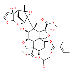 ChemSpider 2D Image | Dimethyl (2aR,3S,4S,4aR,5S,7aS,8S,10R,10aS,10bR)-10-acetoxy-3,5-dihydroxy-4-[(1R,2S,6S,8R,9R,11S)-2-hydroxy-11-methyl-5,7,10-trioxatetracyclo[6.3.1.0~2,6~.0~9,11~]dodec-3-en-9-yl]-4-methyl-8-{[(2E)-2-
methyl-2-butenoyl]oxy}octahydro-1H-furo[3',4':4,4a]naphtho[1,8-bc]furan-5,10a(8H)-dicarboxylate | C35H44O16