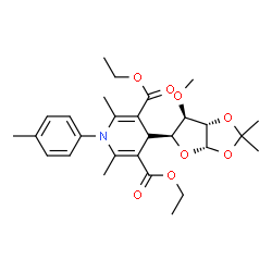 ChemSpider 2D Image | Diethyl 4-[(3aS,5S,6R,6aS)-6-methoxy-2,2-dimethyltetrahydrofuro[2,3-d][1,3]dioxol-5-yl]-2,6-dimethyl-1-(4-methylphenyl)-1,4-dihydro-3,5-pyridinedicarboxylate | C28H37NO8