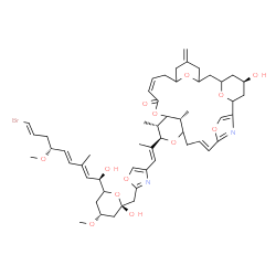 ChemSpider 2D Image | (6E,11R,12R,16Z,27R,31R)-11-{(1E)-1-[2-({(2S,4R)-6-[(1R,2E,4E,6R,8E)-9-Bromo-1-hydroxy-6-methoxy-3-methyl-2,4,8-nonatrien-1-yl]-2-hydroxy-4-methoxytetrahydro-2H-pyran-2-yl}methyl)-1,3-oxazol-4-yl]-1-p
ropen-2-yl}-27-hydroxy-12,31-dimethyl-21-methylene-4,10,14,29,30-pentaoxa-32-azapentacyclo[23.3.1.1~2,5~.1~9,13~.1~19,23~]dotriaconta-2,5(32),6,16-tetraen-15-one | C53H71BrN2O13