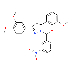 ChemSpider 2D Image | 2-(3,4-Dimethoxyphenyl)-7-methoxy-5-(3-nitrophenyl)-1,10b-dihydropyrazolo[1,5-c][1,3]benzoxazine | C25H23N3O6