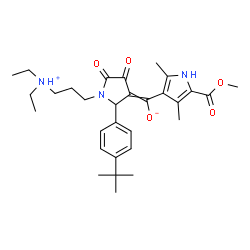 ChemSpider 2D Image | {1-[3-(Diethylammonio)propyl]-2-[4-(2-methyl-2-propanyl)phenyl]-4,5-dioxo-3-pyrrolidinylidene}[5-(methoxycarbonyl)-2,4-dimethyl-1H-pyrrol-3-yl]methanolate | C30H41N3O5