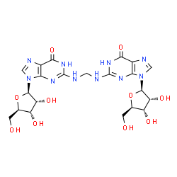 ChemSpider 2D Image | 9-[(2R,3R,4S,5R)-3,4-Dihydroxy-5-(hydroxymethyl)tetrahydro-2-furanyl]-2-{[({9-[(2R,3R,4S,5R)-3,4-dihydroxy-5-(hydroxymethyl)tetrahydro-2-furanyl]-6-oxo-6,9-dihydro-3H-purin-2-yl}amino)methyl]amino}-1,
9-dihydro-6H-purin-6-one | C21H26N10O10