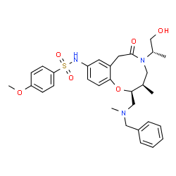 ChemSpider 2D Image | N-{(2S,3R)-2-{[Benzyl(methyl)amino]methyl}-5-[(2S)-1-hydroxy-2-propanyl]-3-methyl-6-oxo-2,3,4,5,6,7-hexahydro-1,5-benzoxazonin-9-yl}-4-methoxybenzenesulfonamide | C31H39N3O6S