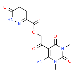 ChemSpider 2D Image | 2-(6-Amino-1,3-dimethyl-2,4-dioxo-1,2,3,4-tetrahydro-5-pyrimidinyl)-2-oxoethyl 6-oxo-1,4,5,6-tetrahydro-3-pyridazinecarboxylate | C13H15N5O6