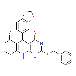 ChemSpider 2D Image | 5-(1,3-Benzodioxol-5-yl)-2-[(2-fluorobenzyl)sulfanyl]-5,8,9,10-tetrahydropyrimido[4,5-b]quinoline-4,6(1H,7H)-dione | C25H20FN3O4S