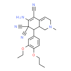 ChemSpider 2D Image | 6-Amino-8-(3-ethoxy-4-propoxyphenyl)-2-methyl-2,3,8,8a-tetrahydro-5,7,7(1H)-isoquinolinetricarbonitrile | C24H27N5O2
