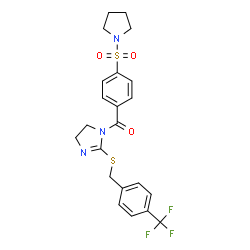ChemSpider 2D Image | [4-(1-Pyrrolidinylsulfonyl)phenyl](2-{[4-(trifluoromethyl)benzyl]sulfanyl}-4,5-dihydro-1H-imidazol-1-yl)methanone | C22H22F3N3O3S2