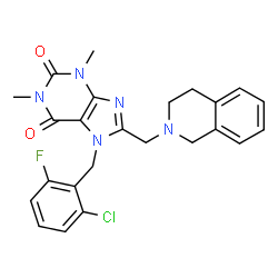 ChemSpider 2D Image | 7-(2-Chloro-6-fluorobenzyl)-8-(3,4-dihydro-2(1H)-isoquinolinylmethyl)-1,3-dimethyl-3,7-dihydro-1H-purine-2,6-dione | C24H23ClFN5O2