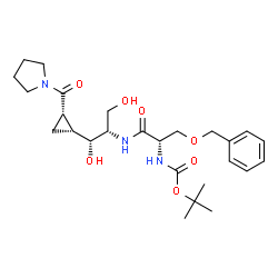 ChemSpider 2D Image | 2-Methyl-2-propanyl [(2S)-3-(benzyloxy)-1-({(1R,2S)-1,3-dihydroxy-1-[(1R,2S)-2-(1-pyrrolidinylcarbonyl)cyclopropyl]-2-propanyl}amino)-1-oxo-2-propanyl]carbamate | C26H39N3O7