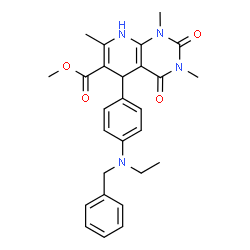 ChemSpider 2D Image | Methyl 5-{4-[benzyl(ethyl)amino]phenyl}-1,3,7-trimethyl-2,4-dioxo-1,2,3,4,5,8-hexahydropyrido[2,3-d]pyrimidine-6-carboxylate | C27H30N4O4