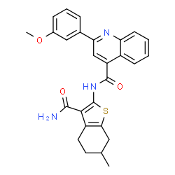 ChemSpider 2D Image | N-(3-Carbamoyl-6-methyl-4,5,6,7-tetrahydro-1-benzothiophen-2-yl)-2-(3-methoxyphenyl)-4-quinolinecarboxamide | C27H25N3O3S