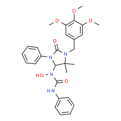 ChemSpider 2D Image | 1-[5,5-Dimethyl-2-oxo-3-phenyl-1-(3,4,5-trimethoxybenzyl)-4-imidazolidinyl]-1-hydroxy-3-phenylurea | C28H32N4O6