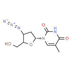 ChemSpider 2D Image | 1-[(1R)-3-Azido-2,3-dideoxypentofuranosyl]-5-methyl-2,4(1H,3H)-pyrimidinedione | C10H13N5O4