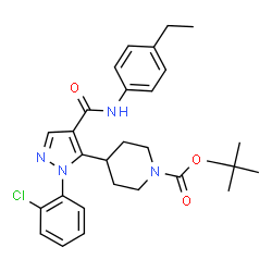 ChemSpider 2D Image | 2-Methyl-2-propanyl 4-{1-(2-chlorophenyl)-4-[(4-ethylphenyl)carbamoyl]-1H-pyrazol-5-yl}-1-piperidinecarboxylate | C28H33ClN4O3