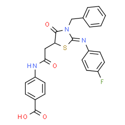 ChemSpider 2D Image | 4-[({(2Z)-3-Benzyl-2-[(4-fluorophenyl)imino]-4-oxo-1,3-thiazolidin-5-yl}acetyl)amino]benzoic acid | C25H20FN3O4S
