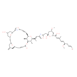 ChemSpider 2D Image | (1R,6Z,9R,11R,12R,13S,16Z,19S,23R,25S,27S,31S)-11-{(1E)-1-[2-({(2S,4R,6R)-6-[(1S,2E,4E,6R,8E)-9-Bromo-1-hydroxy-6-methoxy-3-methyl-2,4,8-nonatrien-1-yl]-2-hydroxy-4-methoxytetrahydro-2H-pyran-2-yl}met
hyl)-1,3-oxazol-4-yl]-1-propen-2-yl}-27-hydroxy-12,31-dimethyl-21-methylene-4,10,14,29,30-pentaoxa-32-azapentacyclo[23.3.1.1~2,5~.1~9,13~.1~19,23~]dotriaconta-2,5(32),6,16-tetraen-15-one | C53H71BrN2O13