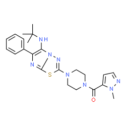 ChemSpider 2D Image | (4-{5-[(2-Methyl-2-propanyl)amino]-6-phenylimidazo[2,1-b][1,3,4]thiadiazol-2-yl}-1-piperazinyl)(1-methyl-1H-pyrazol-5-yl)methanone | C23H28N8OS