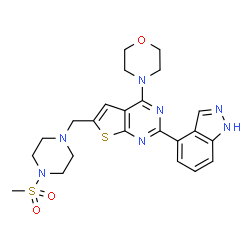 ChemSpider 2D Image | 2-(1H-Indazol-4-yl)-6-{[4-(methylsulfonyl)-1-piperazinyl]methyl}-4-(4-morpholinyl)thieno[2,3-d]pyrimidine | C23H27N7O3S2