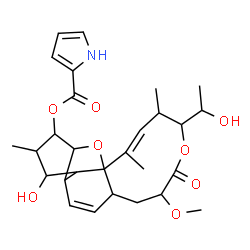 ChemSpider 2D Image | (18E)-6-Hydroxy-16-(1-hydroxyethyl)-13-methoxy-5,17,19-trimethyl-14-oxo-2,15-dioxatetracyclo[9.8.0.0~1,7~.0~3,8~]nonadeca-9,18-dien-4-yl 1H-pyrrole-2-carboxylate | C28H37NO8