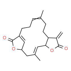 ChemSpider 2D Image | (3E)-3,12-Dimethyl-8-methylene-6,18-dioxatricyclo[14.2.1.0~5,9~]nonadeca-3,12,16(19)-triene-7,17-dione | C20H24O4
