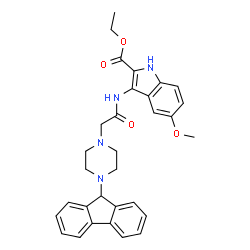 ChemSpider 2D Image | Ethyl 3-({[4-(9H-fluoren-9-yl)-1-piperazinyl]acetyl}amino)-5-methoxy-1H-indole-2-carboxylate | C31H32N4O4