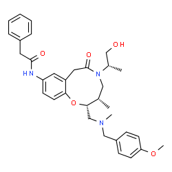 ChemSpider 2D Image | N-[(2R,3S)-5-[(2S)-1-Hydroxy-2-propanyl]-2-{[(4-methoxybenzyl)(methyl)amino]methyl}-3-methyl-6-oxo-2,3,4,5,6,7-hexahydro-1,5-benzoxazonin-9-yl]-2-phenylacetamide | C33H41N3O5