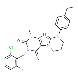 ChemSpider 2D Image | 3-(2-Chloro-6-fluorobenzyl)-9-(4-ethylphenyl)-1-methyl-6,7,8,9-tetrahydropyrimido[2,1-f]purine-2,4(1H,3H)-dione | C24H23ClFN5O2