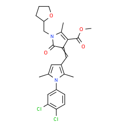 ChemSpider 2D Image | Methyl 4-{[1-(3,4-dichlorophenyl)-2,5-dimethyl-1H-pyrrol-3-yl]methylene}-2-methyl-5-oxo-1-(tetrahydro-2-furanylmethyl)-4,5-dihydro-1H-pyrrole-3-carboxylate | C25H26Cl2N2O4