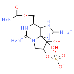 ChemSpider 2D Image | (4R)-2,6-Diammonio-4-[(carbamoyloxy)methyl]-10,10-dihydroxy-3a,4,9,10-tetrahydro-1H,8H-pyrrolo[1,2-c]purin-9-yl sulfate | C10H18N7O8S