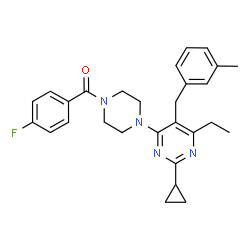 ChemSpider 2D Image | {4-[2-Cyclopropyl-6-ethyl-5-(3-methylbenzyl)-4-pyrimidinyl]-1-piperazinyl}(4-fluorophenyl)methanone | C28H31FN4O