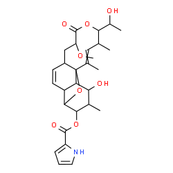 ChemSpider 2D Image | 6-Hydroxy-16-(1-hydroxyethyl)-13-methoxy-5,17,19-trimethyl-14-oxo-2,15-dioxatetracyclo[9.8.0.0~1,7~.0~3,8~]nonadeca-9,18-dien-4-yl 1H-pyrrole-2-carboxylate | C28H37NO8