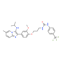 ChemSpider 2D Image | 1-(3-{4-[3-(Isopropylamino)-6-methylimidazo[1,2-a]pyridin-2-yl]-2-methoxyphenoxy}propyl)-3-[4-(trifluoromethyl)phenyl]urea | C29H32F3N5O3