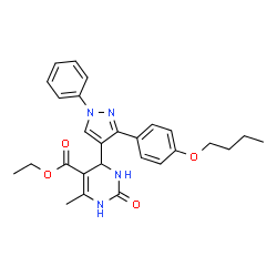 ChemSpider 2D Image | Ethyl 4-[3-(4-butoxyphenyl)-1-phenyl-1H-pyrazol-4-yl]-6-methyl-2-oxo-1,2,3,4-tetrahydro-5-pyrimidinecarboxylate | C27H30N4O4