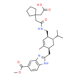 ChemSpider 2D Image | {1-[2-({[(1S,4S,6S)-6-Isopropyl-4-{[5-(methoxycarbonyl)-1H-benzimidazol-2-yl]methyl}-3-methyl-2-cyclohexen-1-yl]methyl}amino)-2-oxoethyl]cyclopentyl}acetic acid | C30H41N3O5