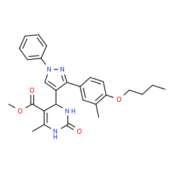 ChemSpider 2D Image | Methyl 4-[3-(4-butoxy-3-methylphenyl)-1-phenyl-1H-pyrazol-4-yl]-6-methyl-2-oxo-1,2,3,4-tetrahydro-5-pyrimidinecarboxylate | C27H30N4O4