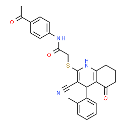 ChemSpider 2D Image | N-(4-Acetylphenyl)-2-{[3-cyano-4-(2-methylphenyl)-5-oxo-1,4,5,6,7,8-hexahydro-2-quinolinyl]sulfanyl}acetamide | C27H25N3O3S