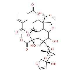 ChemSpider 2D Image | Dimethyl (4S,5S,7aR,10aS)-10-acetoxy-3,5-dihydroxy-4-[(2R,11R)-2-hydroxy-11-methyl-5,7,10-trioxatetracyclo[6.3.1.0~2,6~.0~9,11~]dodec-3-en-9-yl]-4-methyl-8-{[(2E)-2-methyl-2-butenoyl]oxy}octahydro-1H-
furo[3',4':4,4a]naphtho[1,8-bc]furan-5,10a(8H)-dicarboxylate | C35H44O16