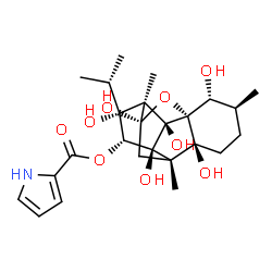 ChemSpider 2D Image | (1R,2R,3S,6S,7S,9S,10S,11R,12R,13S,14R)-2,6,9,11,13,14-Hexahydroxy-11-isopropyl-3,7,10-trimethyl-15-oxapentacyclo[7.5.1.0~1,6~.0~7,13~.0~10,14~]pentadec-12-yl 1H-pyrrole-2-carboxylate | C25H35NO9