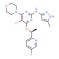 ChemSpider 2D Image | 5-Fluoro-4-[(1S)-1-(5-fluoro-2-pyridinyl)ethoxy]-N-(5-methyl-1H-pyrazol-3-yl)-6-(4-morpholinyl)-2-pyrimidinamine | C19H21F2N7O2