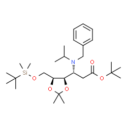 ChemSpider 2D Image | 2-Methyl-2-propanyl 3-[benzyl(isopropyl)amino]-2,3-dideoxy-6-O-[dimethyl(2-methyl-2-propanyl)silyl]-4,5-O-isopropylidene-L-ribo-hexonate | C29H51NO5Si