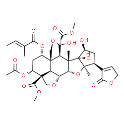 ChemSpider 2D Image | Dimethyl (3R,5S,5aS,8S,8aR,8bS,8cR,9S,11S,11aR,12aS,12bR,12cR)-3-acetoxy-8,8c,9-trihydroxy-8b,11a-dimethyl-5-{[(2E)-2-methyl-2-butenoyl]oxy}-11-(2-oxo-2,5-dihydro-3-furanyl)dodecahydro-2H,3H-cyclopent
a[b]difuro[2',3',4':4,5;4'',3'':1,8a]naphtho[2,3-d]furan-2a,8(8cH)-dicarboxylate | C35H44O16