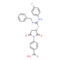 ChemSpider 2D Image | 4-(3-{[N'-Benzyl-N-(4-fluorophenyl)carbamimidoyl]sulfanyl}-2,5-dioxo-1-pyrrolidinyl)benzoic acid | C25H20FN3O4S