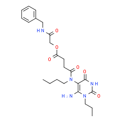 ChemSpider 2D Image | 2-(Benzylamino)-2-oxoethyl 4-[(6-amino-2,4-dioxo-1-propyl-1,2,3,4-tetrahydro-5-pyrimidinyl)(butyl)amino]-4-oxobutanoate | C24H33N5O6