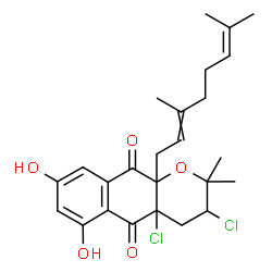 ChemSpider 2D Image | 3,4a-Dichloro-10a-(3,7-dimethyl-2,6-octadien-1-yl)-6,8-dihydroxy-2,2-dimethyl-3,4,4a,10a-tetrahydro-2H-benzo[g]chromene-5,10-dione | C25H30Cl2O5