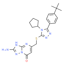 ChemSpider 2D Image | 2-Amino-5-[({4-cyclopentyl-5-[4-(2-methyl-2-propanyl)phenyl]-4H-1,2,4-triazol-3-yl}sulfanyl)methyl][1,2,4]triazolo[1,5-a]pyrimidin-7(1H)-one | C23H28N8OS