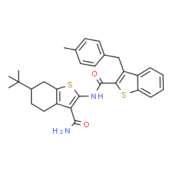 ChemSpider 2D Image | N-[3-Carbamoyl-6-(2-methyl-2-propanyl)-4,5,6,7-tetrahydro-1-benzothiophen-2-yl]-3-(4-methylbenzyl)-1-benzothiophene-2-carboxamide | C30H32N2O2S2