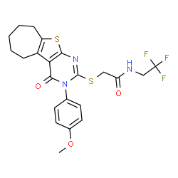 ChemSpider 2D Image | 2-{[3-(4-Methoxyphenyl)-4-oxo-3,5,6,7,8,9-hexahydro-4H-cyclohepta[4,5]thieno[2,3-d]pyrimidin-2-yl]sulfanyl}-N-(2,2,2-trifluoroethyl)acetamide | C22H22F3N3O3S2