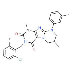 ChemSpider 2D Image | 3-(2-Chloro-6-fluorobenzyl)-1,7-dimethyl-9-(3-methylphenyl)-6,7,8,9-tetrahydropyrimido[2,1-f]purine-2,4(1H,3H)-dione | C24H23ClFN5O2